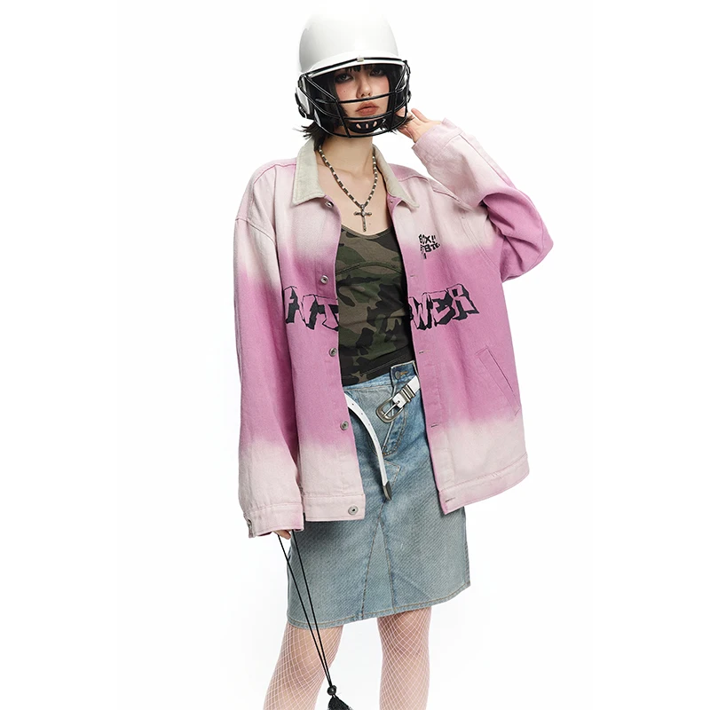 NXXTRESS American Retro Chic Letter Pink Denim Jacket Men's and Women's Oversize Gradient Pair Jacket