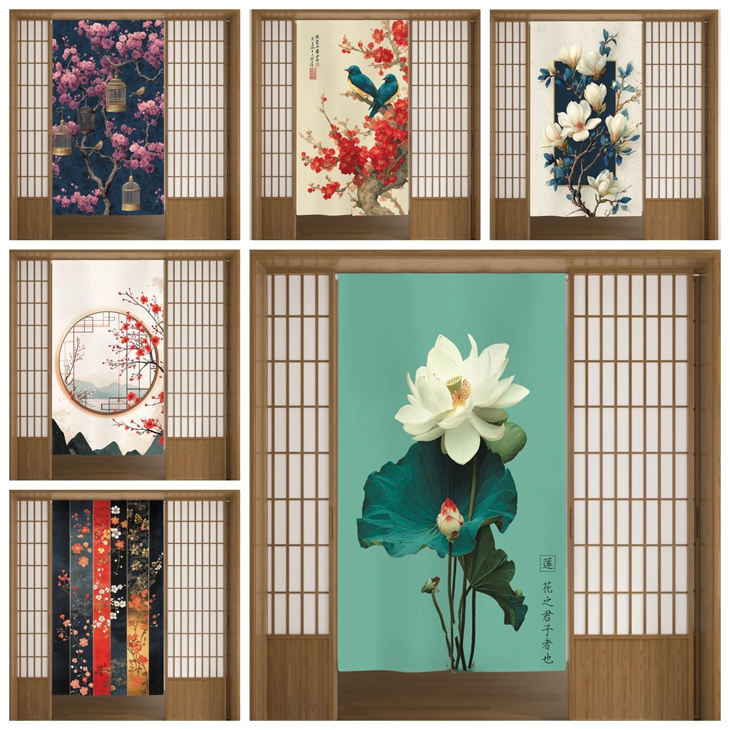 Plant Flowers Japanese Style Door Curtain Lotus Bamboo Sunset Cat Decor Home Entrance Dining Room Partition Hanging Half Curtain