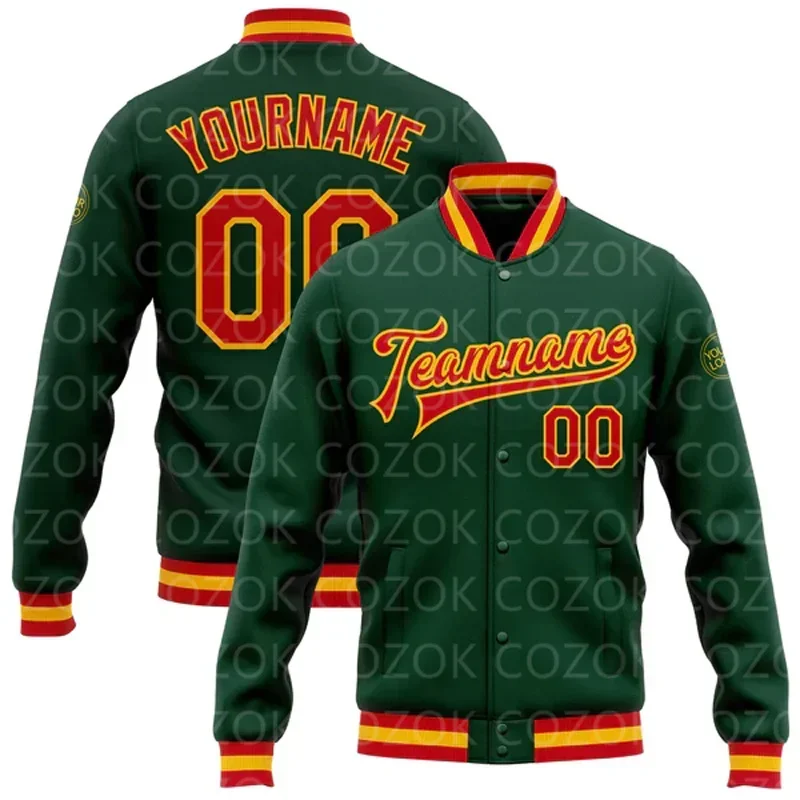 

Custom Green Red 3D Printed Baseball Button Jacket Bomber Full-Snap Varsity Letterman Jacket