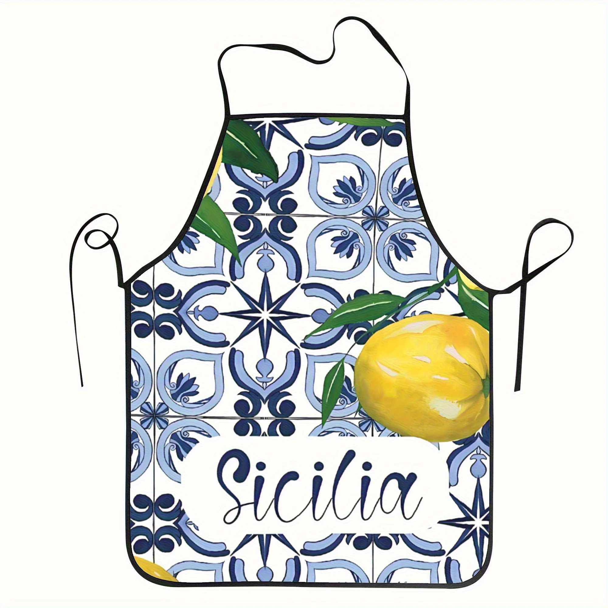 1pc Sicilian-Inspired Blue Tile & Yellow Lemons Apron - Stylish Polyester Kitchen Apron with Floral, Star & Leaf Pattern