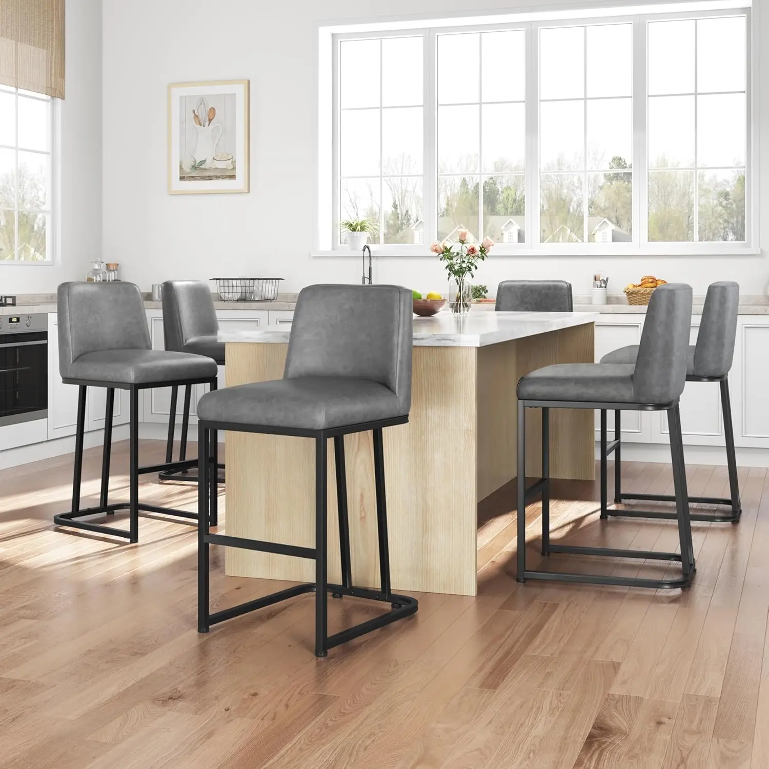 Moderne, met leer beklede, 24 inch barkrukken op tegenhoogte, set van 2, met rugleuning voor keukeneetkamer