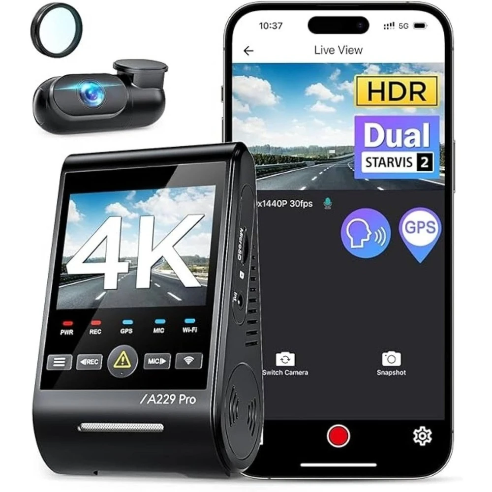 4K HDR Dual Channel Dash Cam Front and Rear 5GHz WiFi GPS Night Vision 24H Parking Mode Voice Control