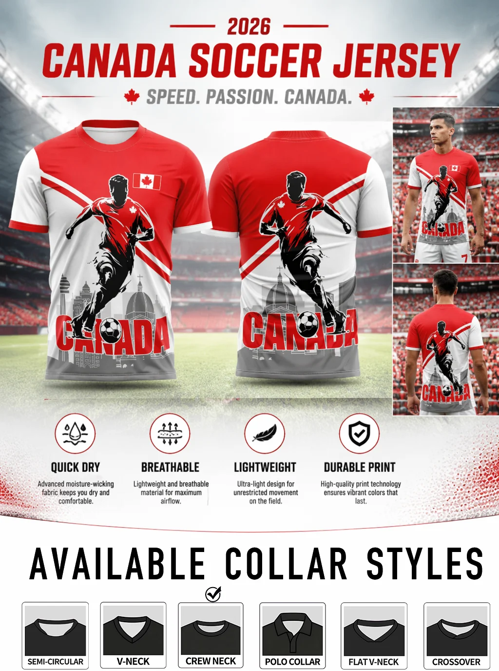 Canada soccer jersey,red‑white diagonal splice,running player silhouette,city print,quick‑dry,multiple collar styles