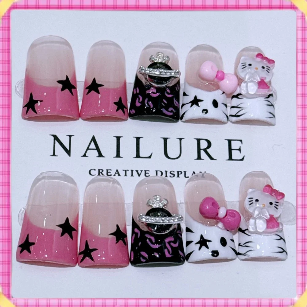 10pcs Y2k Hello Kitty Handmade Nails Spicy Girl Duck-bill Press on Nails Korean Mid-length False Nails Tips French Edge Design