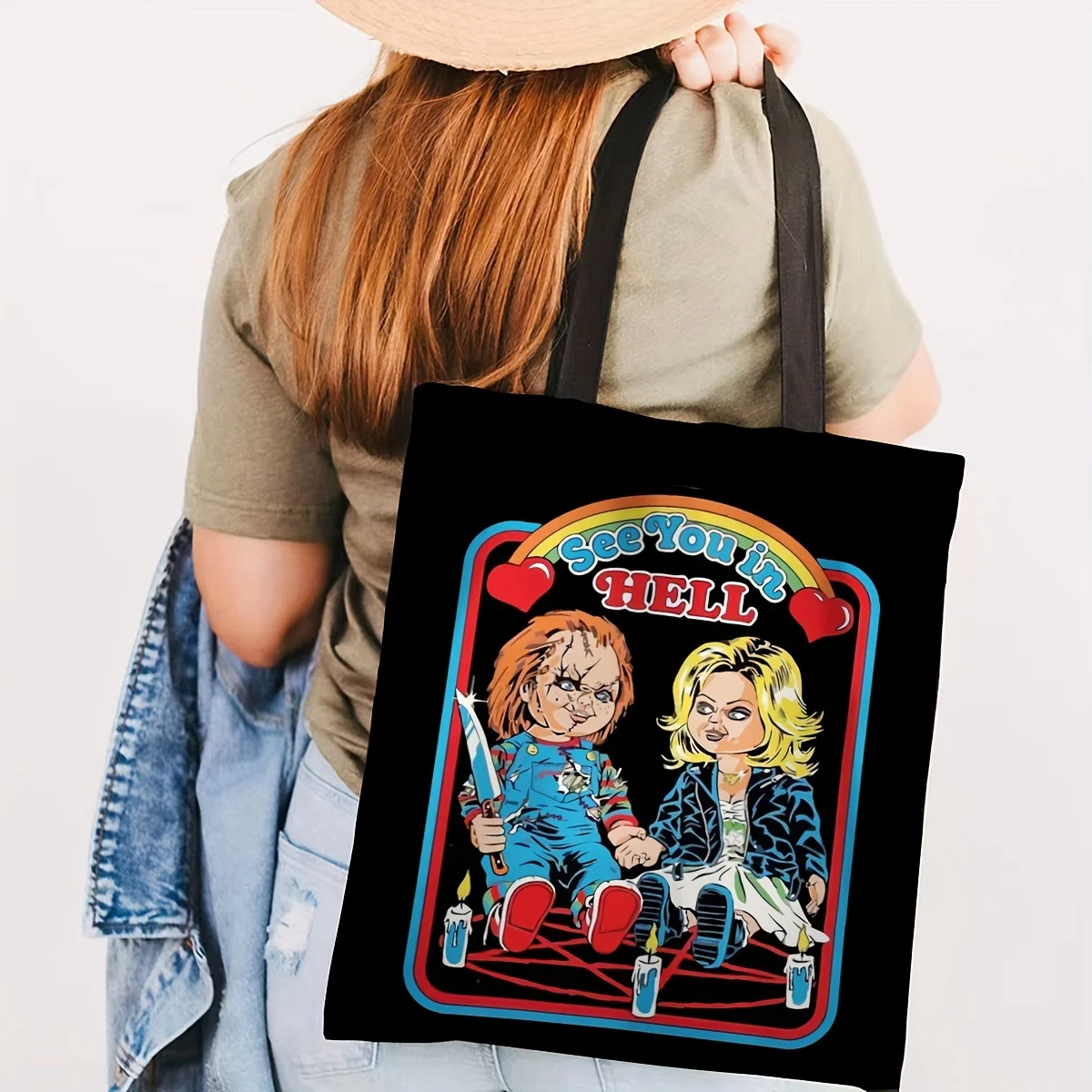 Halloween Funny Cartoon Horror Movie Tote Bag, Large Capacity Canvas Shoulder Bag, Perfect Halloween Festival Shopping Bag