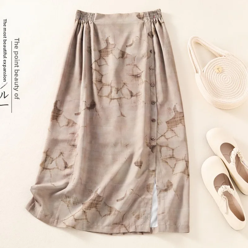 

New Chinese Sle High Waist Midi Skirt Women's Summer Artistic Retro Design Casual A-Line Skirt Ice Tea adient Skirt