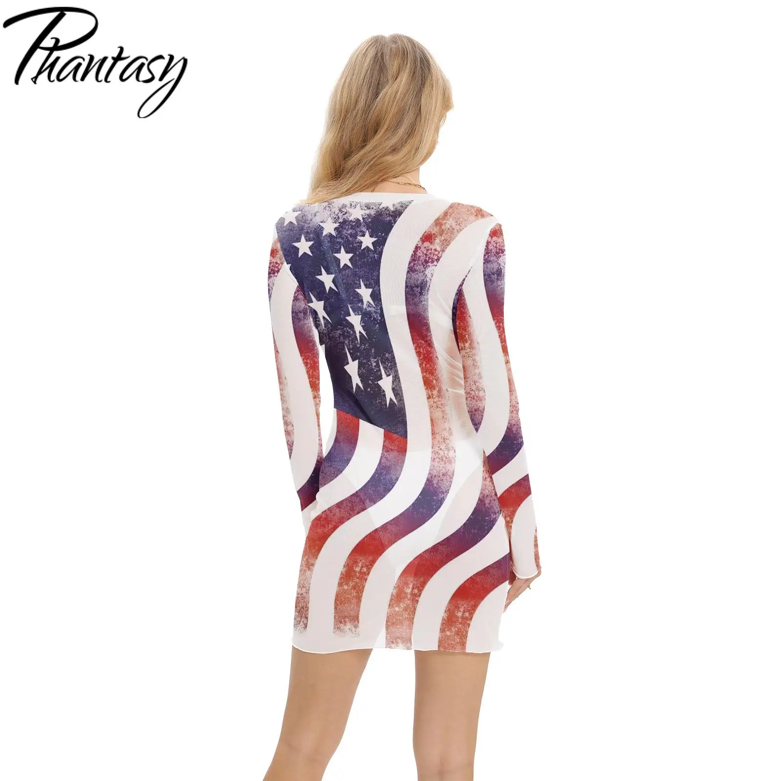 Phantasy Holiday Mini Dress Women Mesh Visible Crewneck Sheath Dresses Flag Pattern 3D Printe Wear Casual Spring Summer Clothing