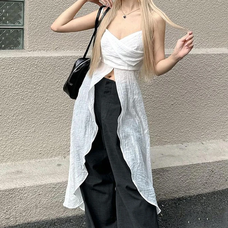 Y2K-Camisole fendue à col en V avec bretelles spaghetti, Camisole froncée, Forme douce romantique, Cyber Grunge, Streetwear d'été, Club de fête, E-Girl