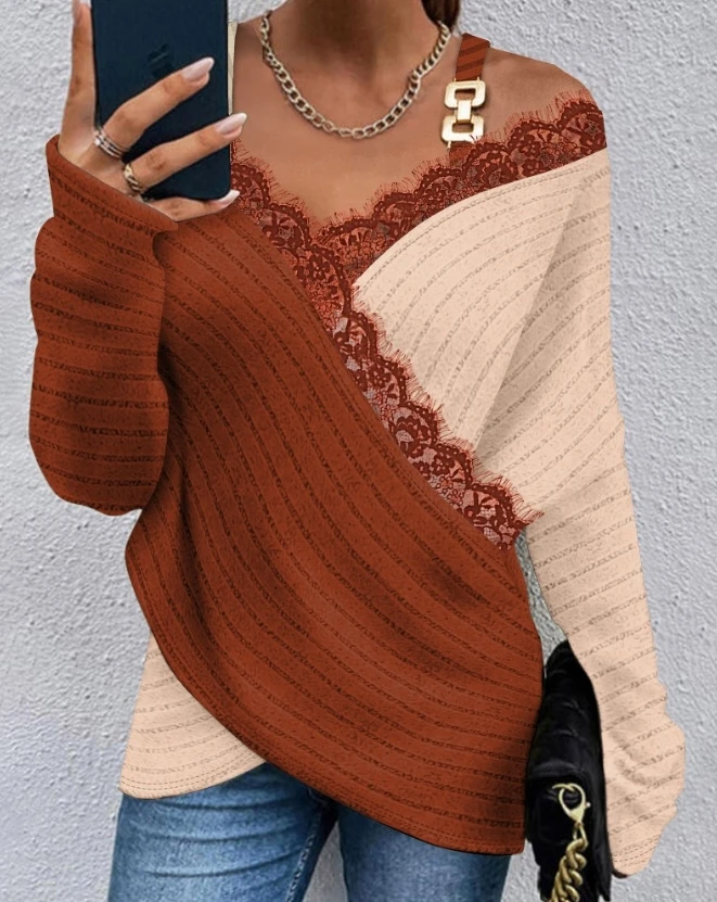 Fashion Woman Blouse 2023 Spring Colorblock Cold Shoulder Chain Decor Lace Trim Casual Long Sleeve Daily Ribbed Top Y2K Clothes