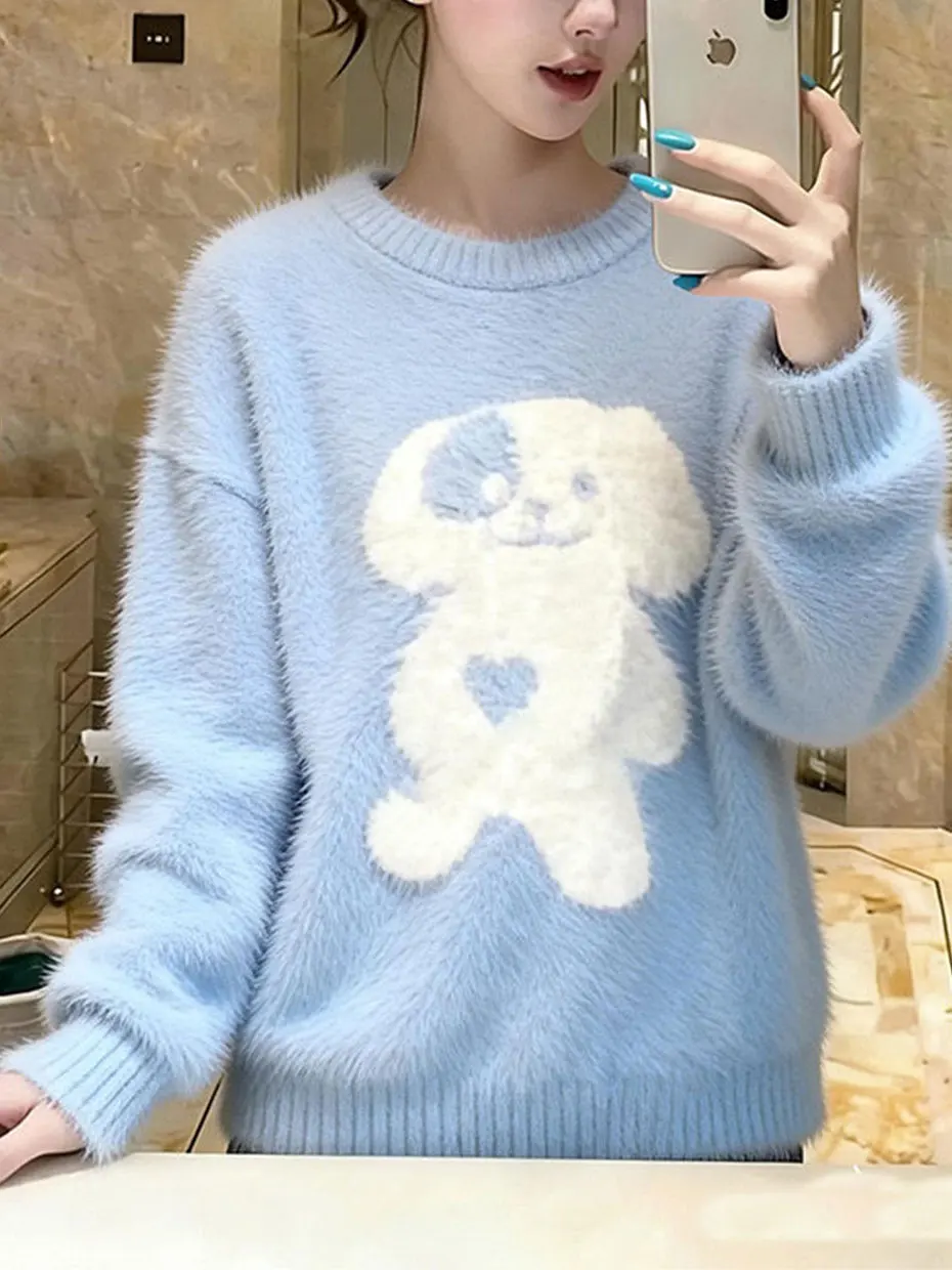 

Blue Printed round Neck Sweater Women's Loose Fit Winter Style Comfortable Long Sleeve Top Fashionable Casual High Quality