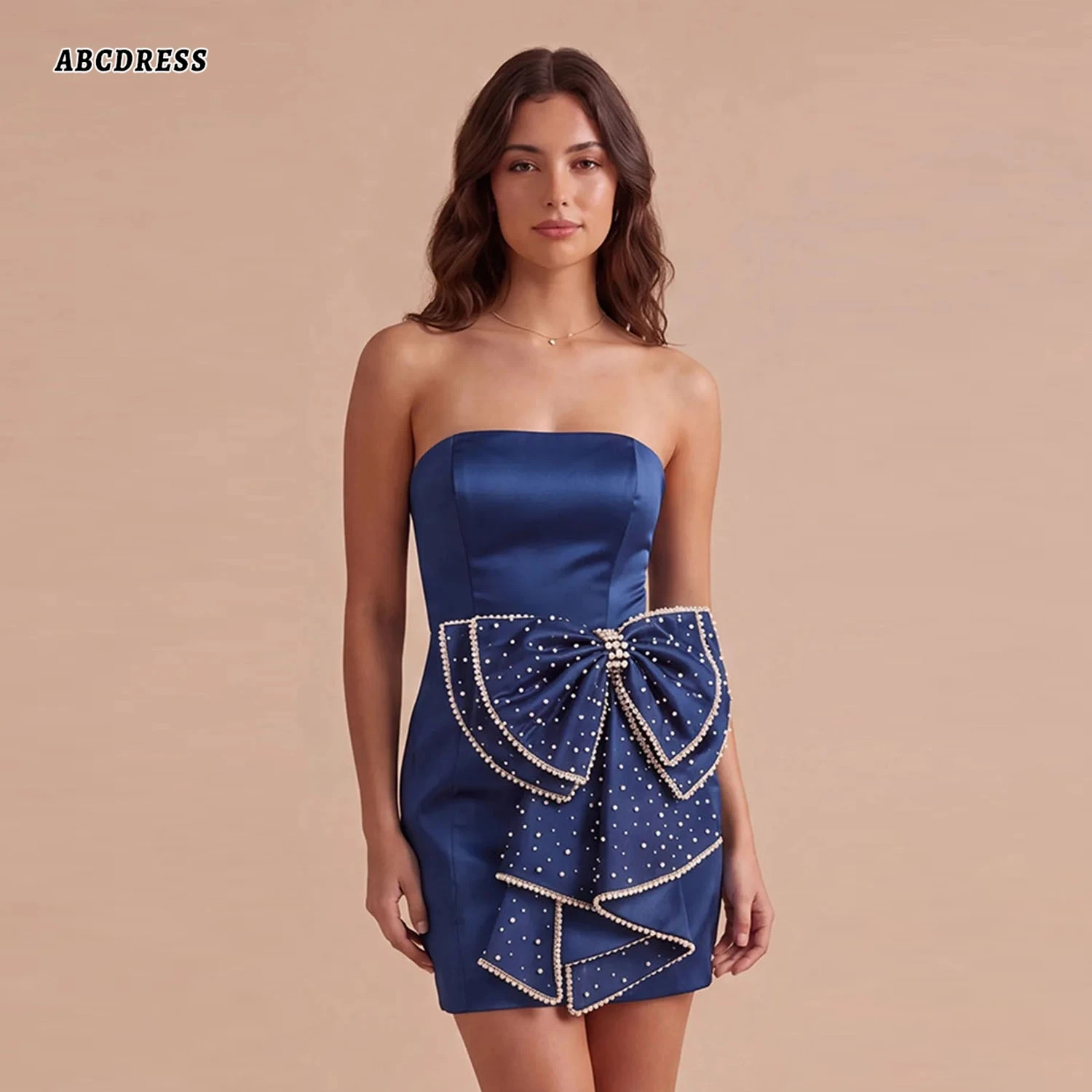 Customized Navy Blue Satin Strapless Short Homecoming Dress Sparkly Beaded Cocktail Dresses Corest Bodycon Prom Gown