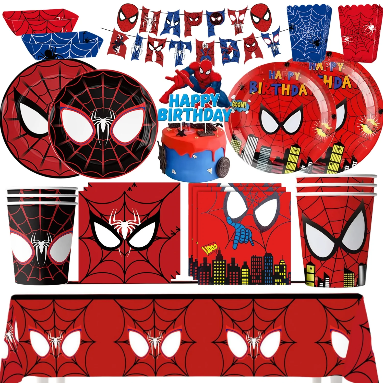 Kit de Vaisselle et Décorations pour Fête d'Anniversaire Thème Spider Hero : Assiettes, Gobelets, Nappe, Toile de Fond, Ballons, Cadeaux pour Enfants