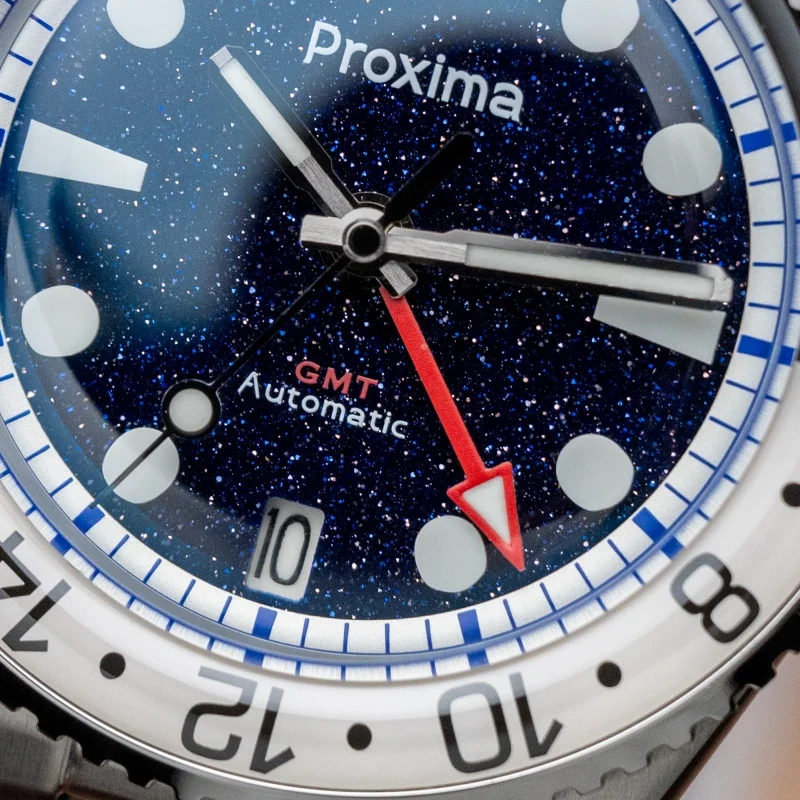 Proxima Men GMT Watch 39MM Automatic Mechanical Wristwatch 20ATM Waterproof BGW-9 Luminous Sapphire Bezel Blue Sands Dial NH34