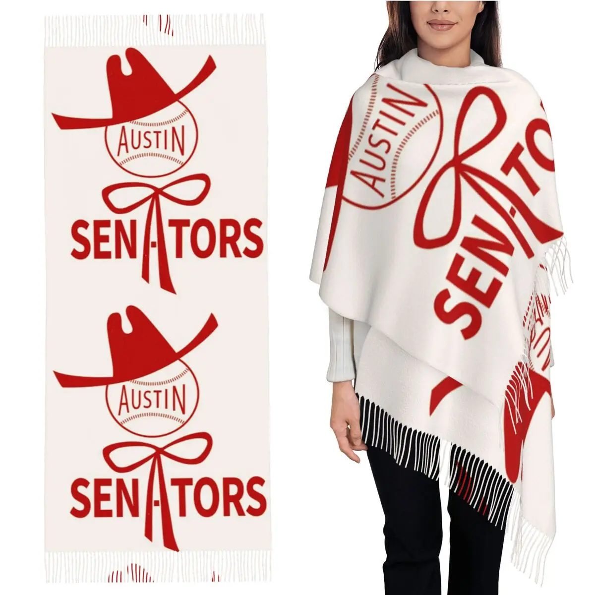 

Austin Senators Техасская лига, винтажный бейсбольный шарф с логотипом, шарфы с кисточками, женские мягкие шали и накидки, большая осенне-зимняя шаль