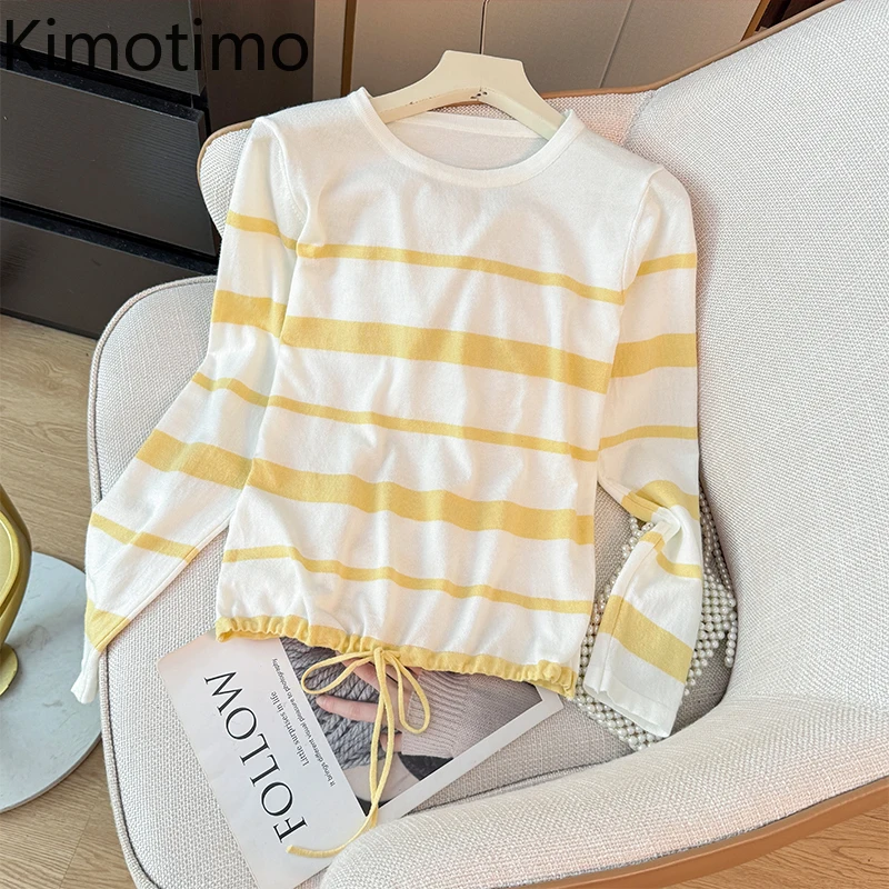

Kimotimo Contrast Color Striped Long Sleeve Sweater Women 2025 Autumn O Neck Drawstring Lace Up Knitted Crop Top Casual Pullover