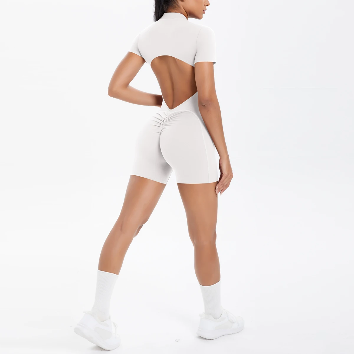 Ausgehöhlter, rückenfreier, kurzärmliger Reißverschluss-Overall für Damen, Overall, Yoga-Anzug, einteilige Legging, kurze Push-Up-Gymnastik-Yoga-Kleidung – Detail 7