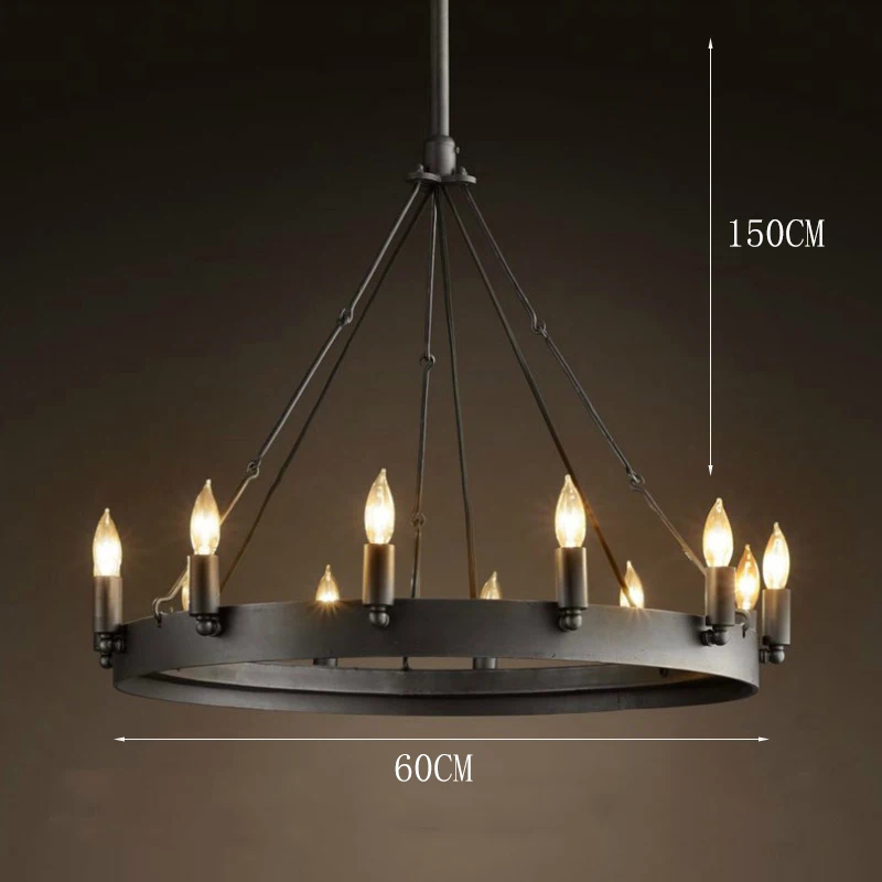 Retro minimalistische zwarte smeedijzeren ringkroonluchter led-kaarslamp voor eetkamer Industriële grote rustieke hoge plafondlamp