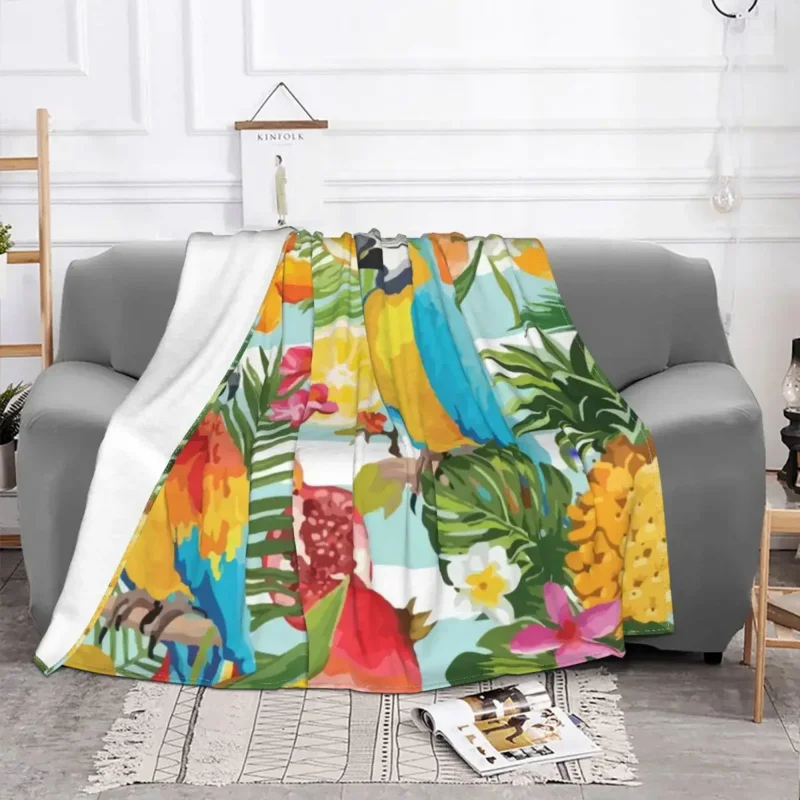 Cute Macaw Tropical Forest Fruits Blankets Flannel Parrots Cockatiel Animal Soft Throw Blanket for Outdoor Travel Bedroom Quilt