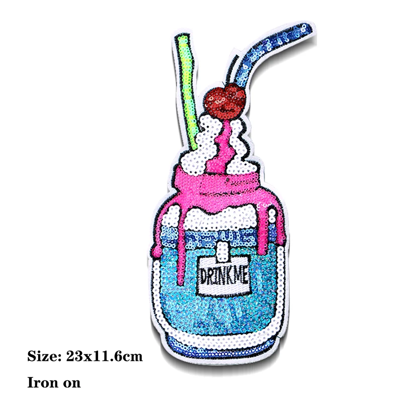 Cocktail Frozen Drink Sequin icon Embroidered Iron on Patches for Clothing DIY Stripes Clothes Patchwork Stickers  Custom Badge