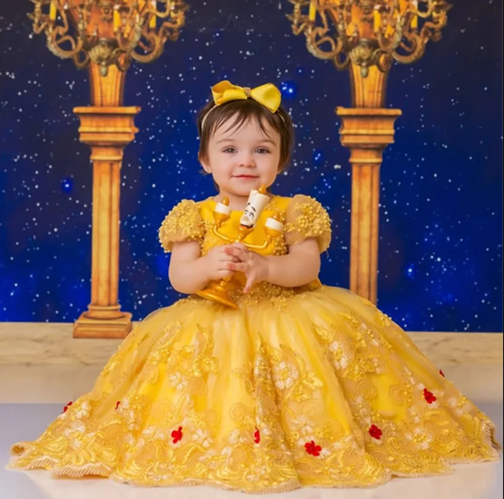 

Luxury Applique Wedding Party Dress Beading Flower Girl Dress Short Sleeve Long Ball First Communion Dress Customized New 2025