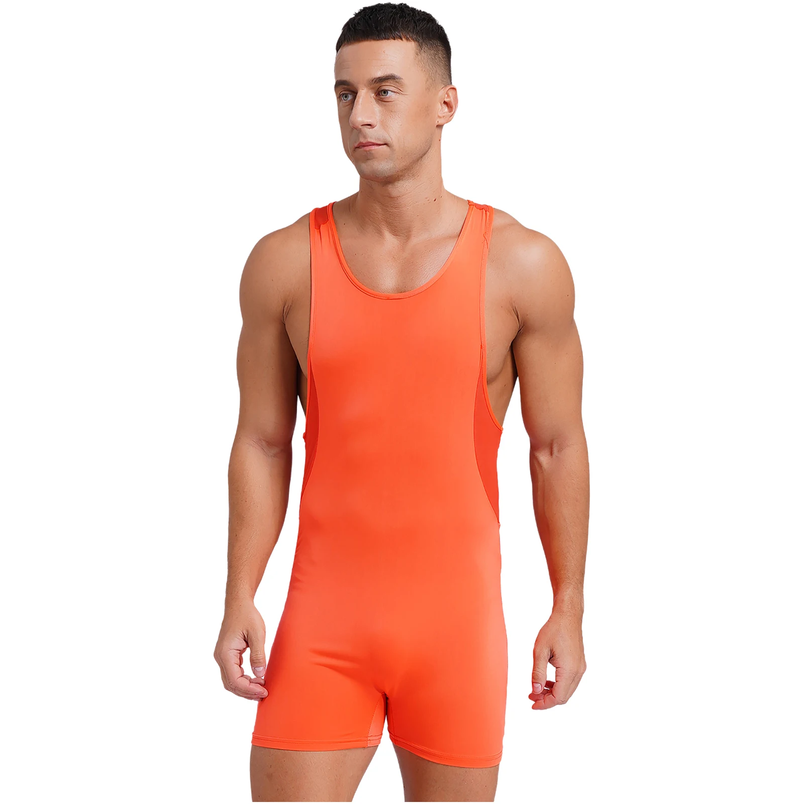 Mens One Piece Athletic Wrestling Bodysuit Leotard Swimwear Mesh Back Tank Rompers One Piece Jumpsuit Bodybuilding Gym Fitness