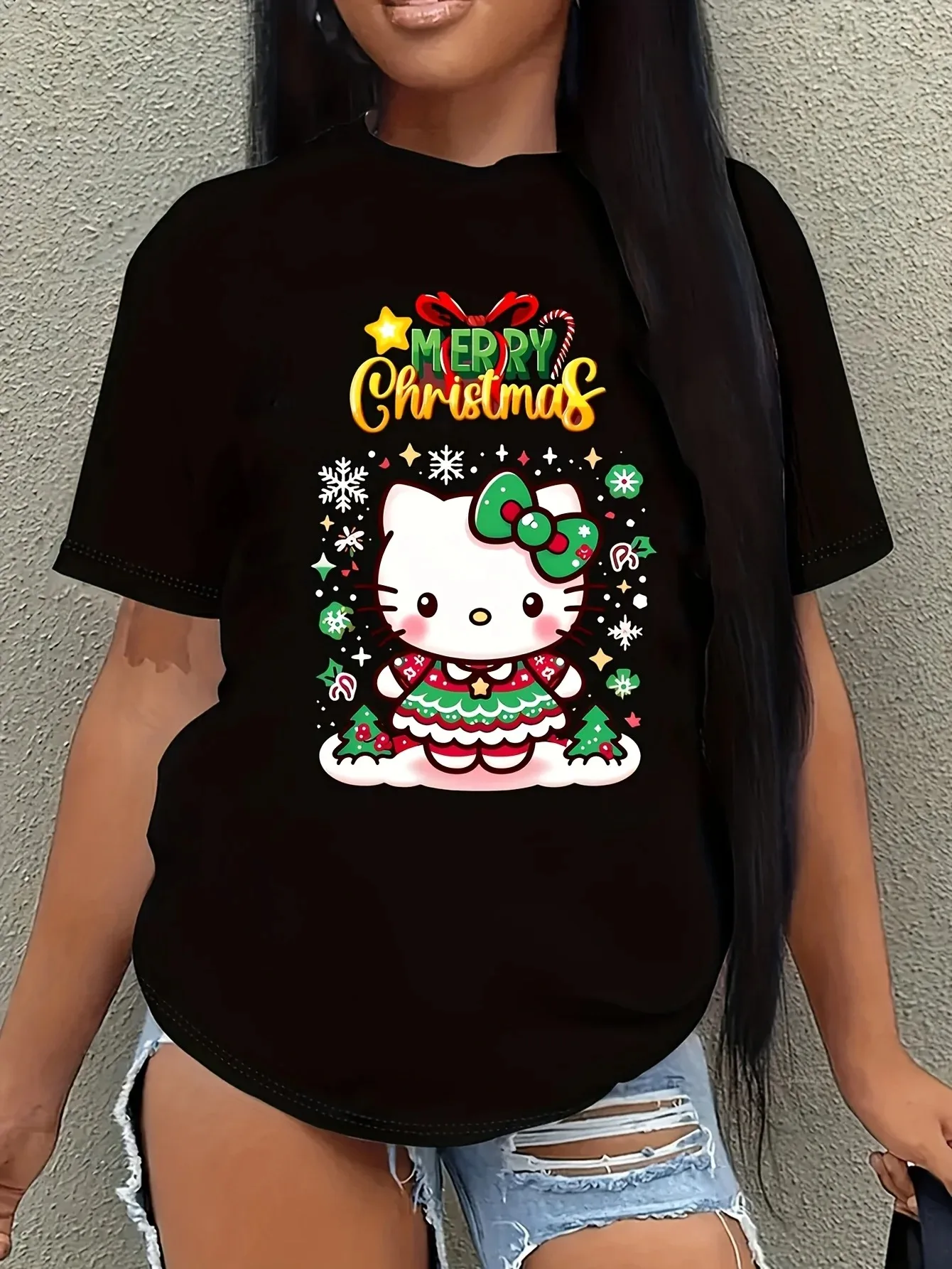 

MINISO Hello Kitty Women's Christmas T-shirt Style Christmas Top Christmas Dress Christmas Letter Snowflake Casual T-shirt