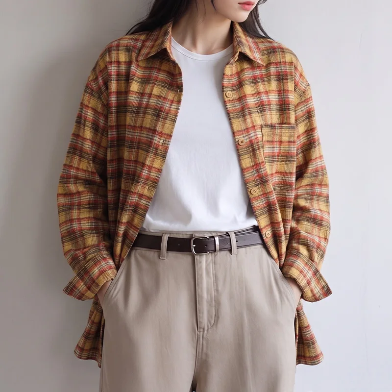 Vintage Plaid Oversized Shirt for Women, Distressed Open Front Button Down Long Sleeve Blouse with Chest Pockets, Plus Size Casu