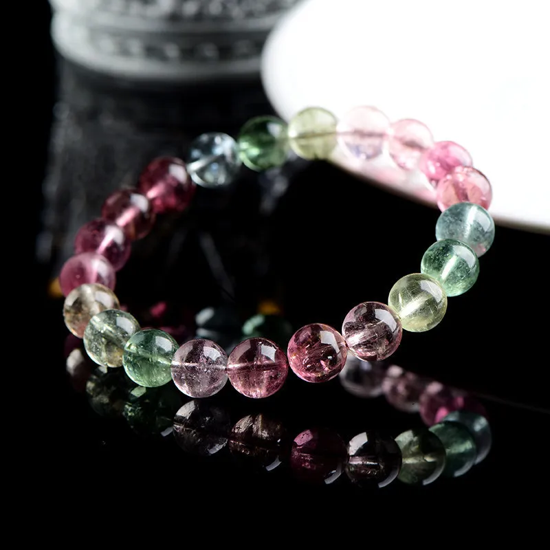 Pure Natural Grade 7A Macaron Tourmaline Round Bead Crystal Bracelet Old Mine Ice Cream Color Tourmaline Luxury Lucky HandString