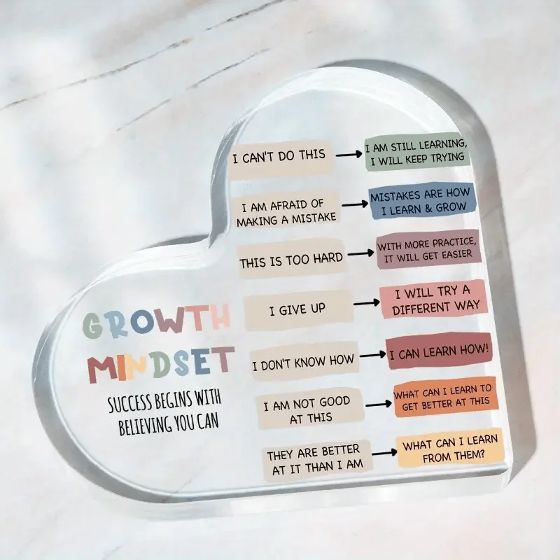 Growth Mindset Heart‑Shaped Acrylic Tabletop Plaque, Positive Affirmation Mental Health Classroom Desk Decor