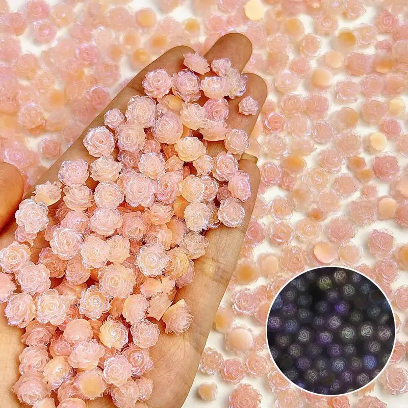 Luminous Grapefruit Pink Flowers Nail Charms 3D Shinny Rose Resin Aurora Serie Nail Art Decorations for DIY Manicure Supplies