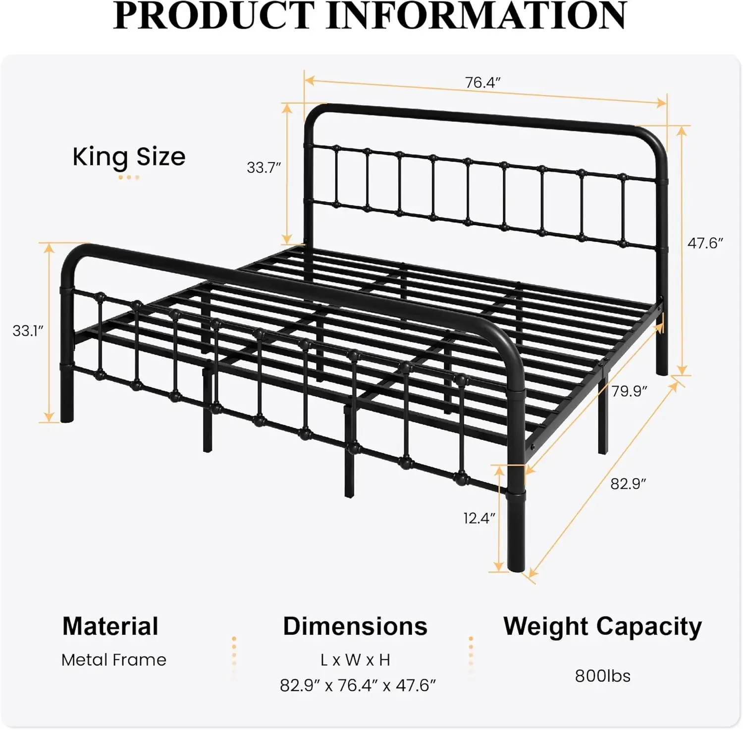 Vintage Style Headboard and Footboard, Heavy Duty Mattress Foundation, No Box Spring Needed, Easy Assembly, Black