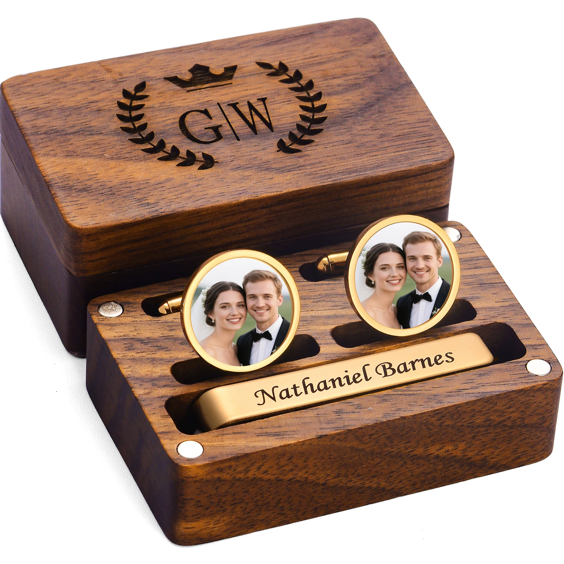 

New Personalized Stainless Steel Cufflinks Tie Clip Engraved Photo Text for Man Dad Groomsmen Jewelry Wooden Box Set Gift