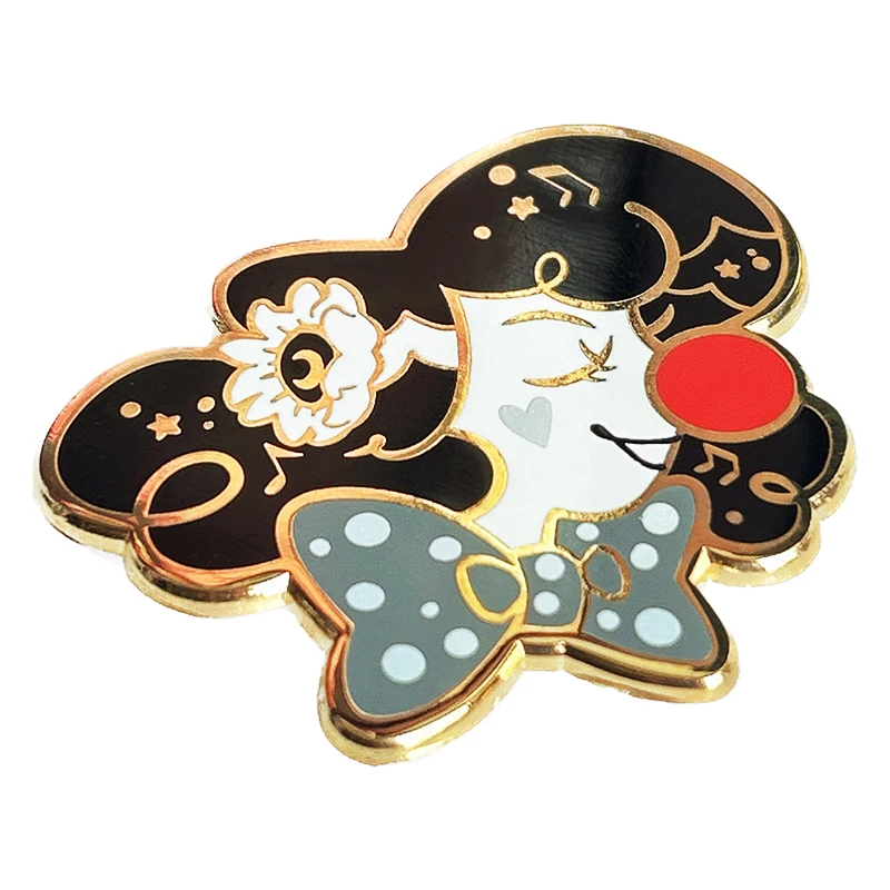 Producer Cartoon Black And White Cute Girl Lapel Pin Red Clown Nose Raised Design Hard Enamel Gold Metal Badge For Friend Gift