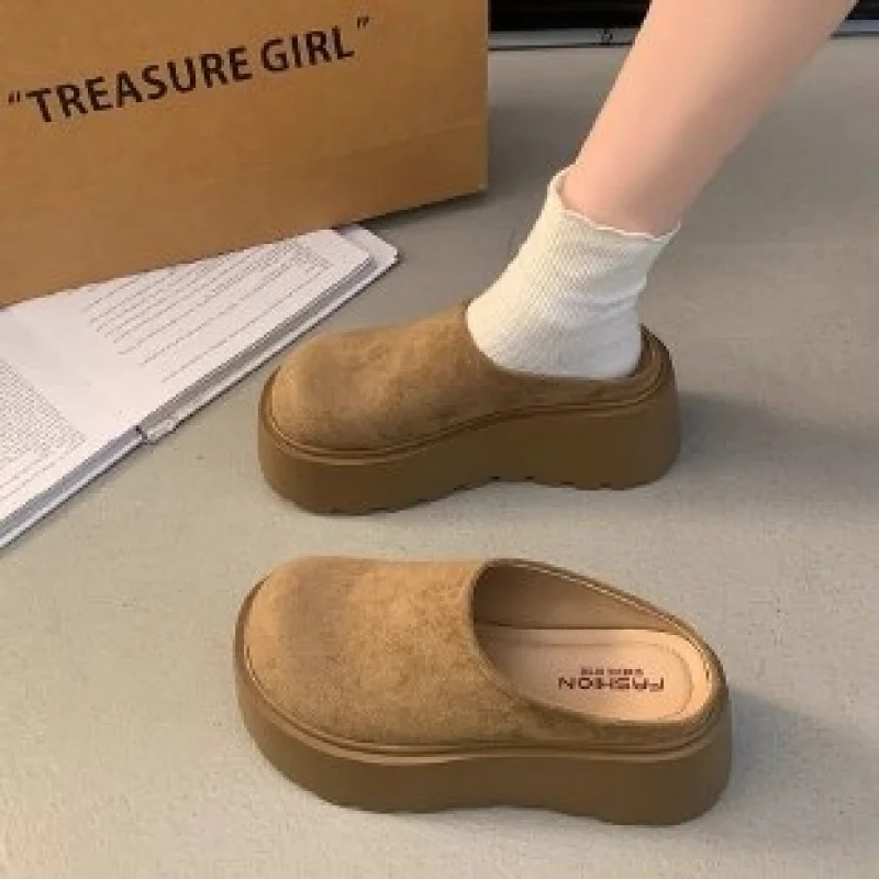 New Spring and Autumn Thick-Soled Platform Mule Shoes for Women, Simple, Loose-Fitting Slip-On Shoes, Casual, Height-Increasing