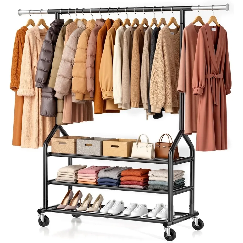 Heavy Duty Rolling Clothes Rack with 3 Shelves, Adjustable Height, Portable Metal Rack for Hanging Clothes