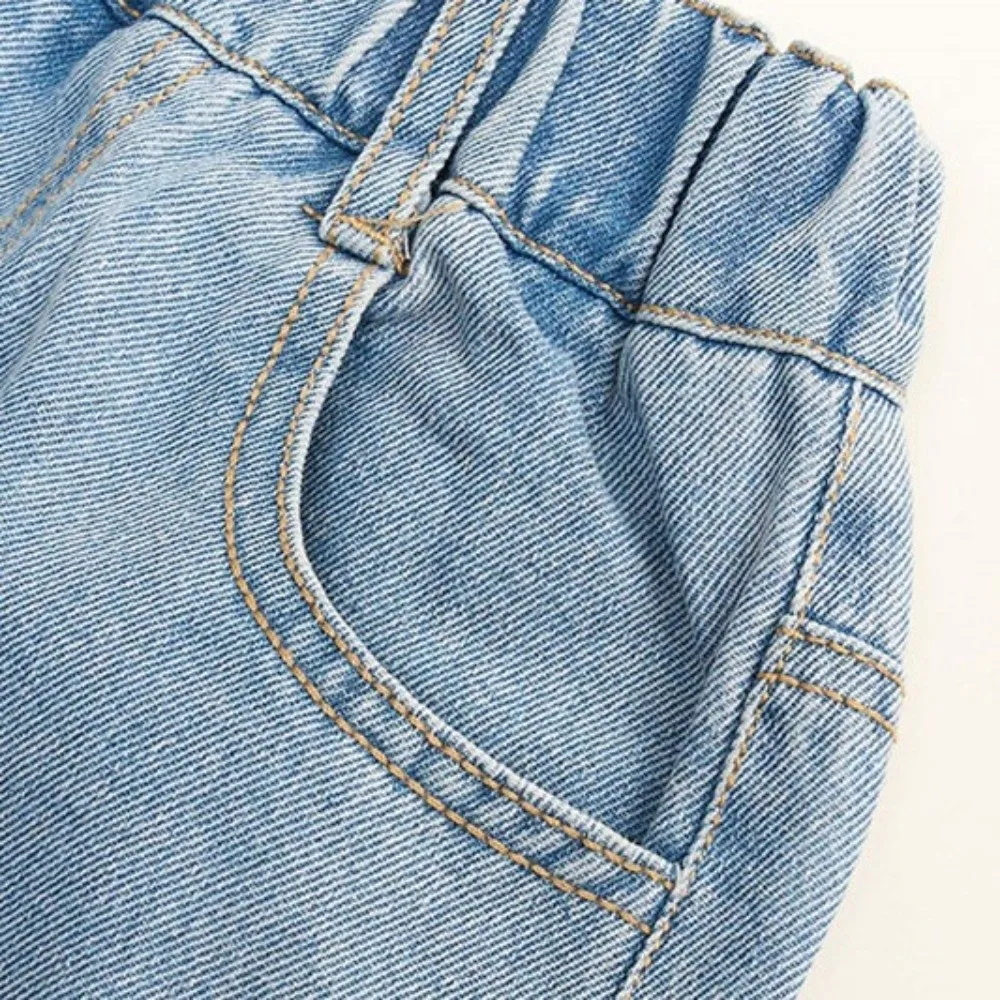 الإنجليزية رسالة الأطفال الجينز مستقيم الكتابة على الجدران الأزرق في سن المراهقة فتاة الجينز عالية الخصر فضفاضة الساق الفتيات سراويل جينز أطفال الأطفال #3