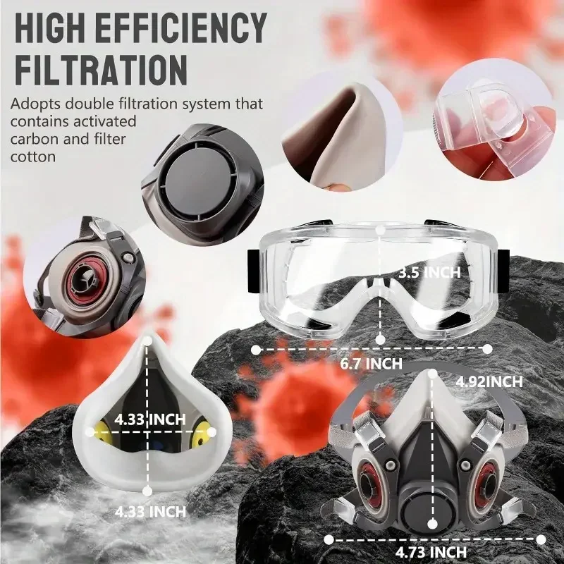 Reusable Safety Glasses/Half Face 6200 Spraying Mask with Filters- Ideal for Dust Resin Sanding Polishing