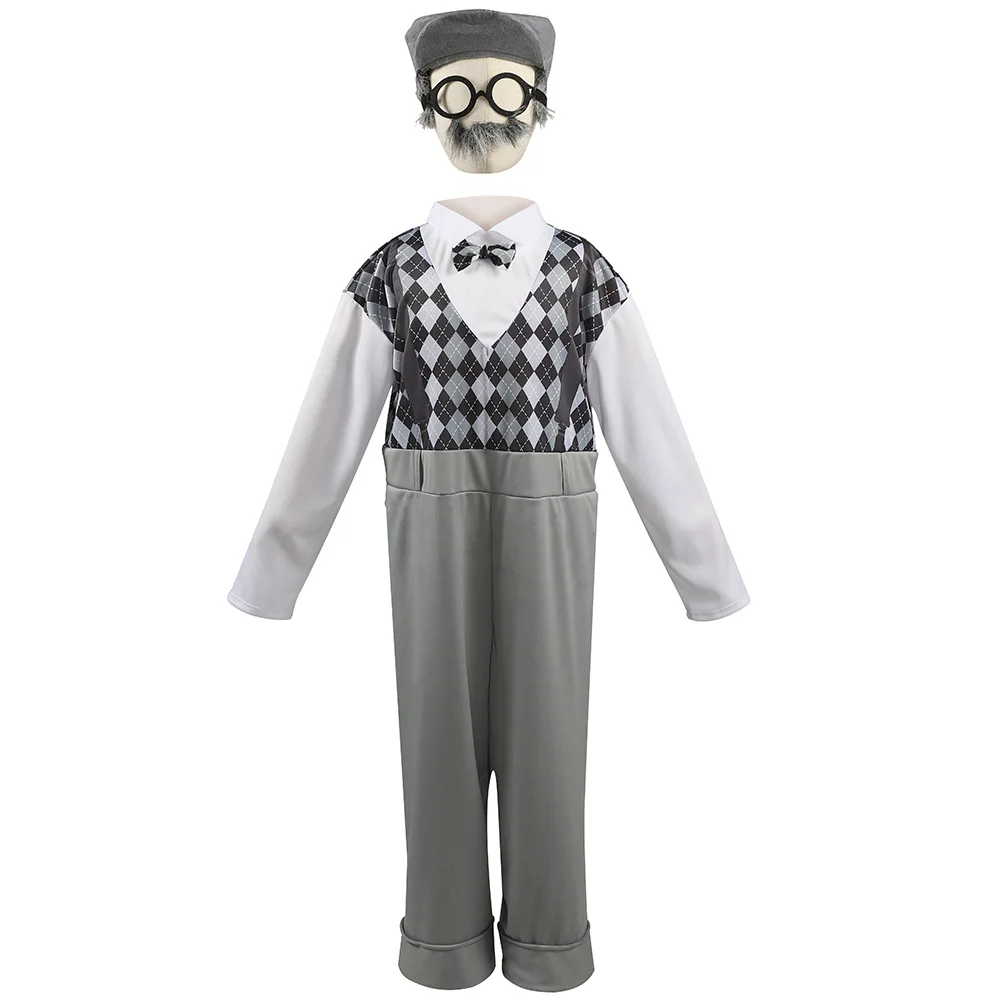 Halloween Cosplay Old Man Kostüm für Kinder 100. Tag der Schule Opa Kostüm Zubehör einschl ießlich Hut Brille Bart Gangster