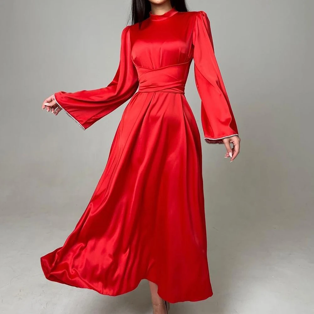 

High Collar Satin Straight Tea Length Pleats Solid Color Classic Celebrity Dress Long Sleeves Dresses For Formal Occasions 2024