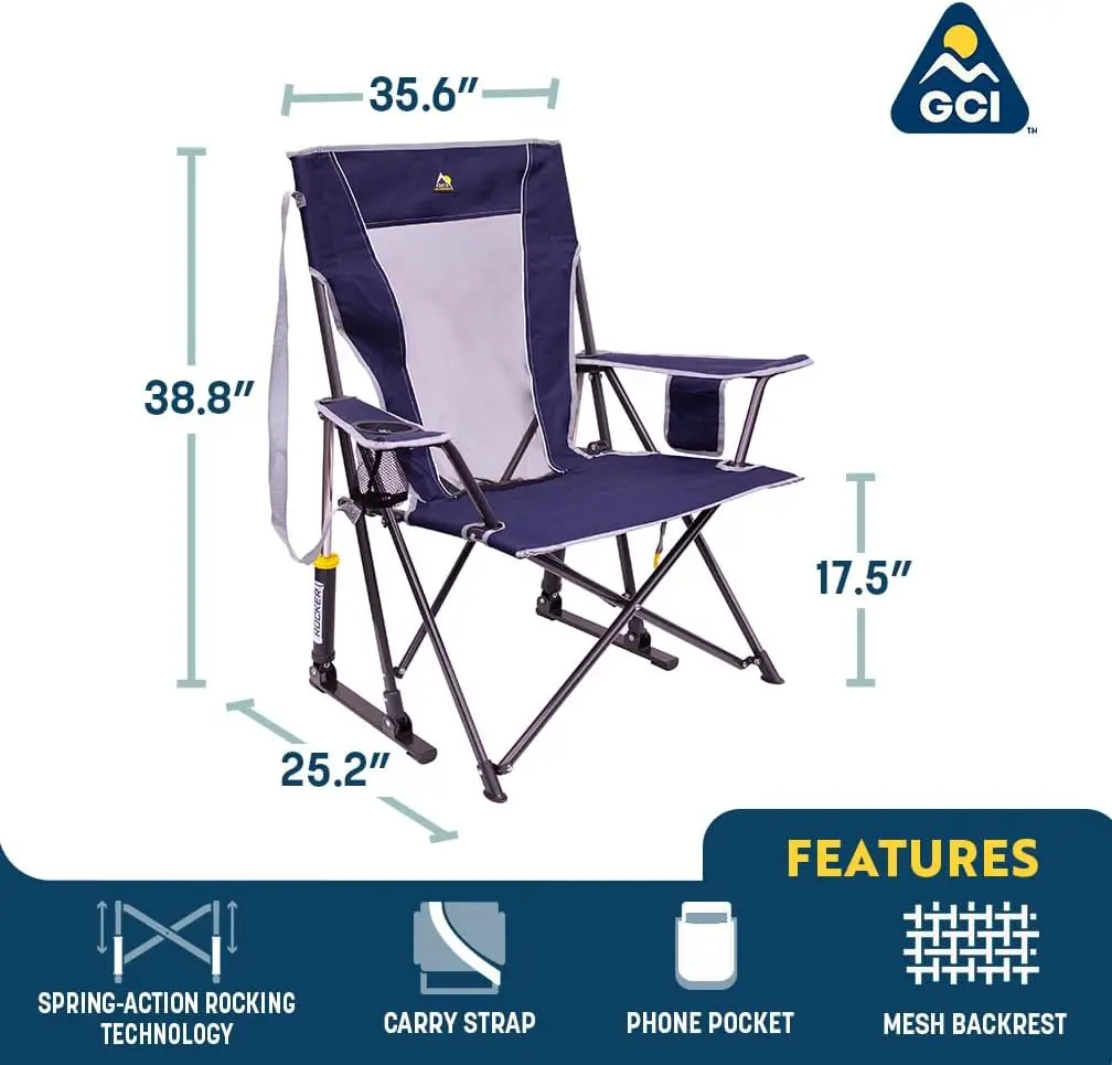 Outdoor Comfort Pro Rocker Camping Chair | Portable Folding Rocking Chair with Durable Armrests & Drink Holder — Royal Blue
