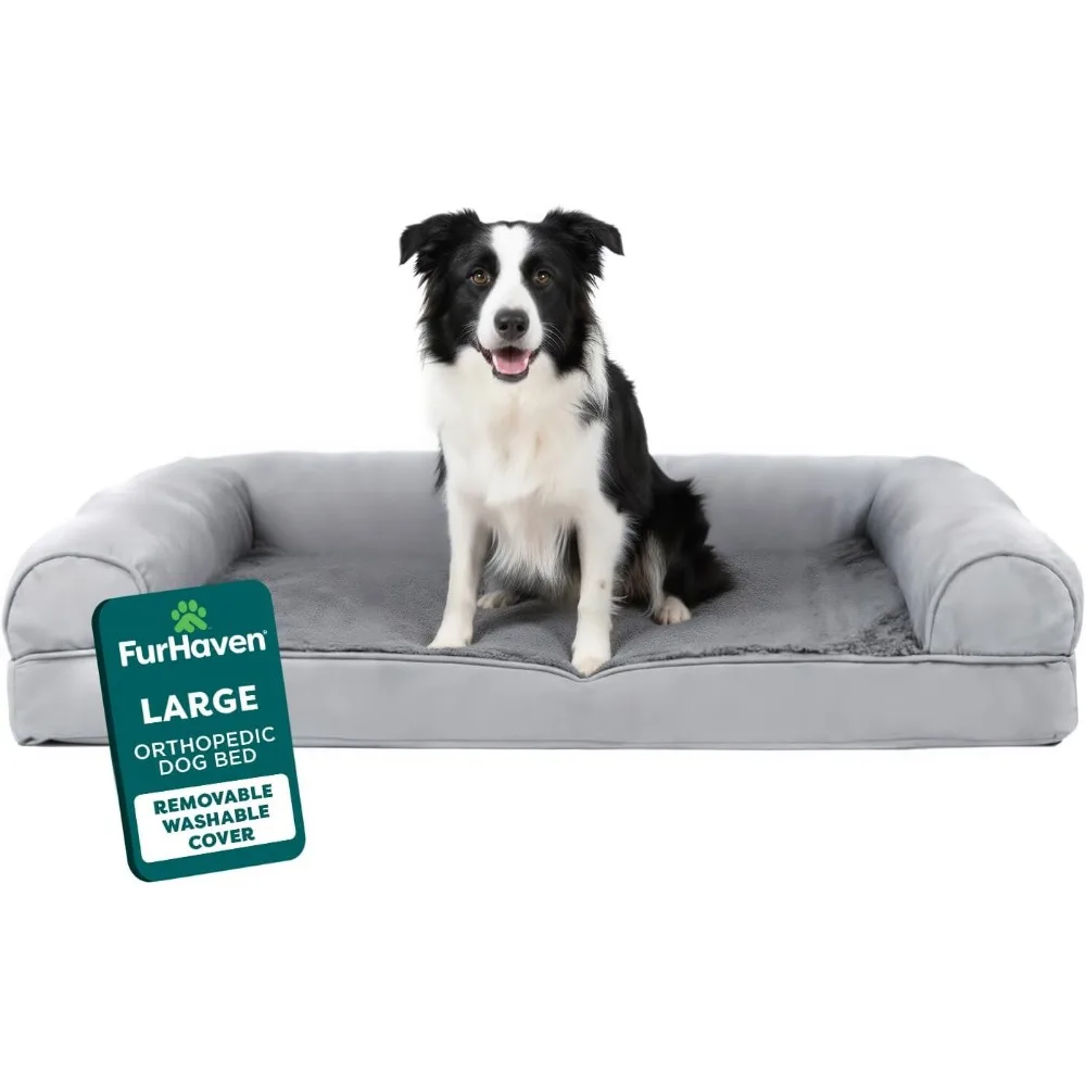 

Ортопедическая кровать для собак для больших/средних собак, съемный моющийся чехол, плюшевый замшевый диван серого цвета, большой размер