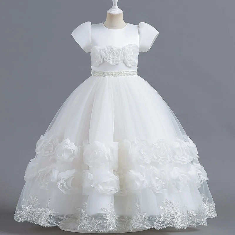 4-12t Mädchen bestickte Blume Poncho Kleid Bankett Host Performance Kleid Kinder Perle bestickt Prinzessin Kleid