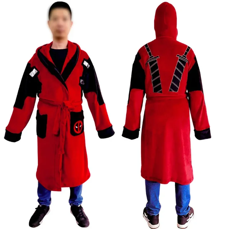 Movie Deadpool Bathrobe Cosplay Costume Adult Unisex Flannel Hooded Pajamas Halloween Deadpool Cosplay Costume Sleepwear Robe