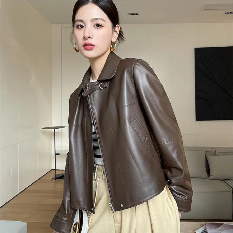 Coffe Sheepskin Coat for Women Autumn Winter Short Double Pockets Slim Lapel Motorcycle Zipper Genuine Leather Jacket Overcoat