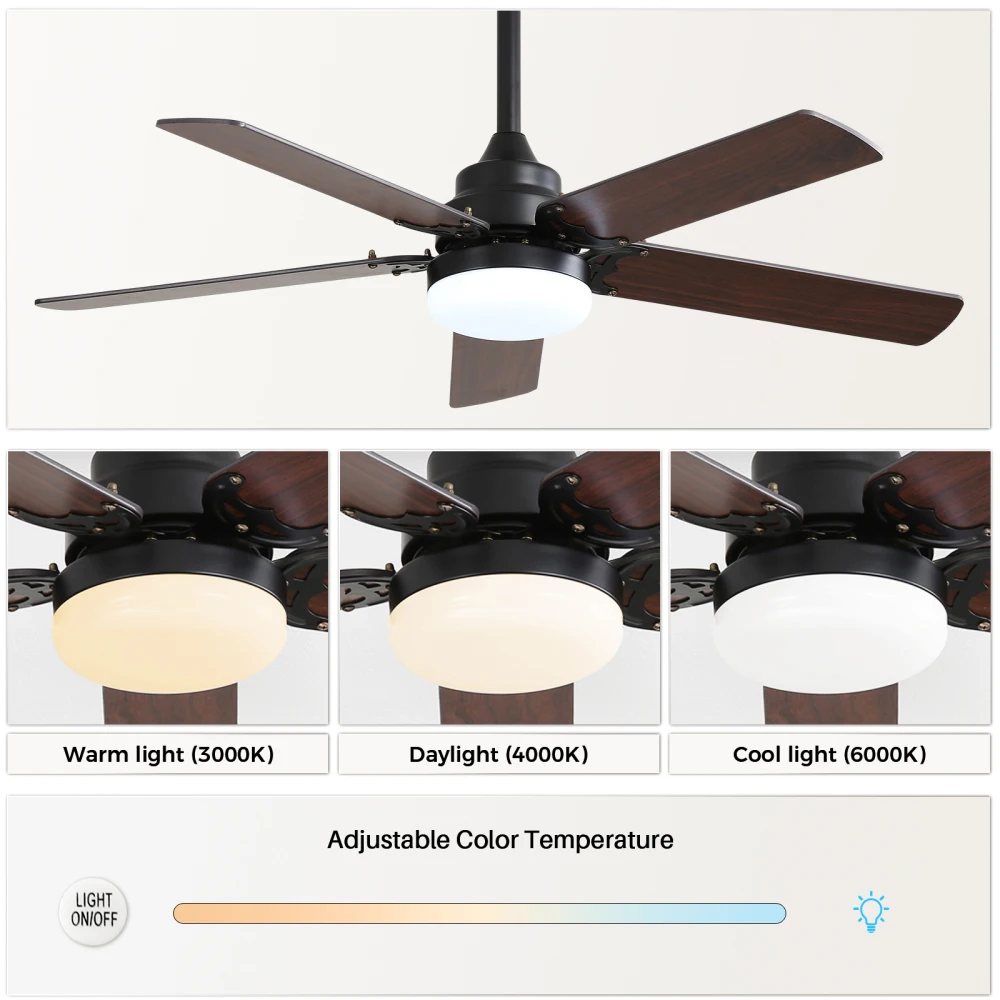 42 Inch Modern Ceiling Fan with LED Light 5 Blades Remote Control Reversible DC Motor Black for Bedroom