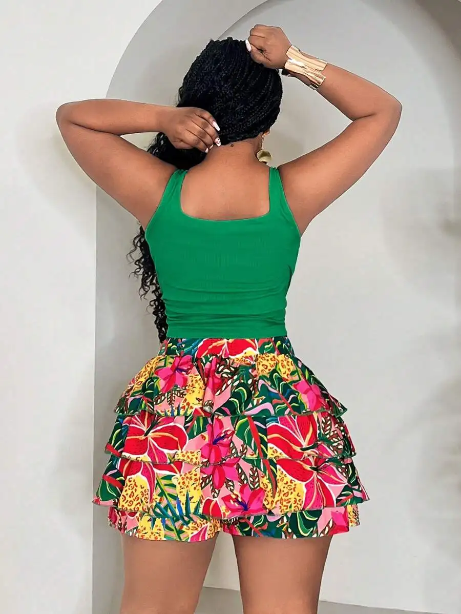 

Women 2 Piece Set: Solid Green Cropped Tank Top And Layered Ruffle Tropical Print Shorts Casual Summer Wear
