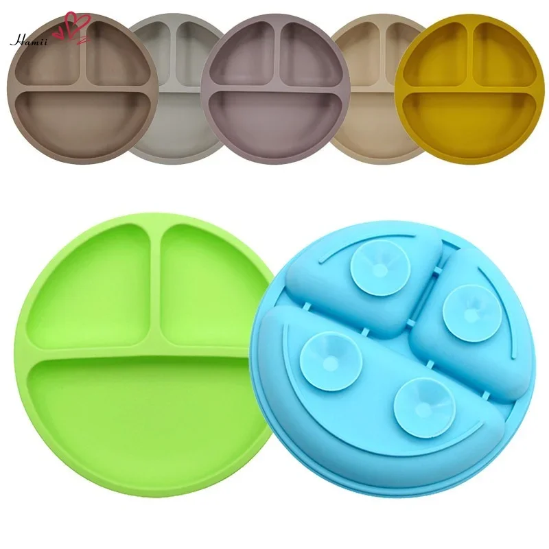 Baby Silicone Dining Plate Kids Feeding Plate Sucker Bowl Solid Smile Face Children Dishes Toddler Training Tableware BPA Free