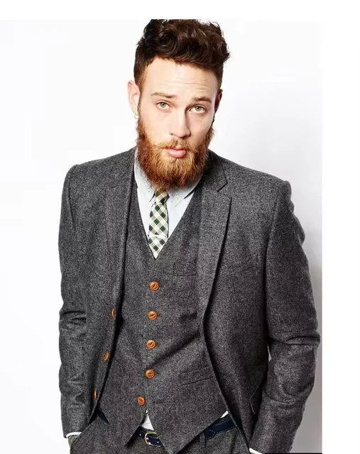 Traje gris de Tweed en espiga para hombre, Ternos de esmoquin Vintage para novio, trajes formales de boda para hombre, traje clásico de 3 piezas para otoño e invierno
