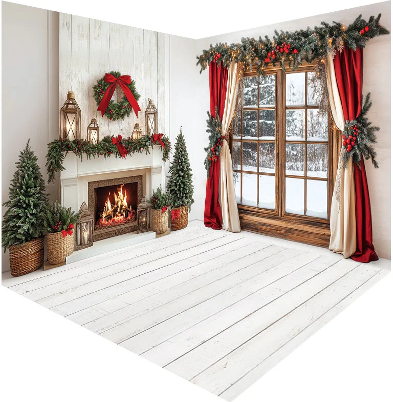 Mehofond Photography Background Winter Christmas Fireplace Window Xmas Tree Children Family Portrait Decor Backdrop Photo Studio