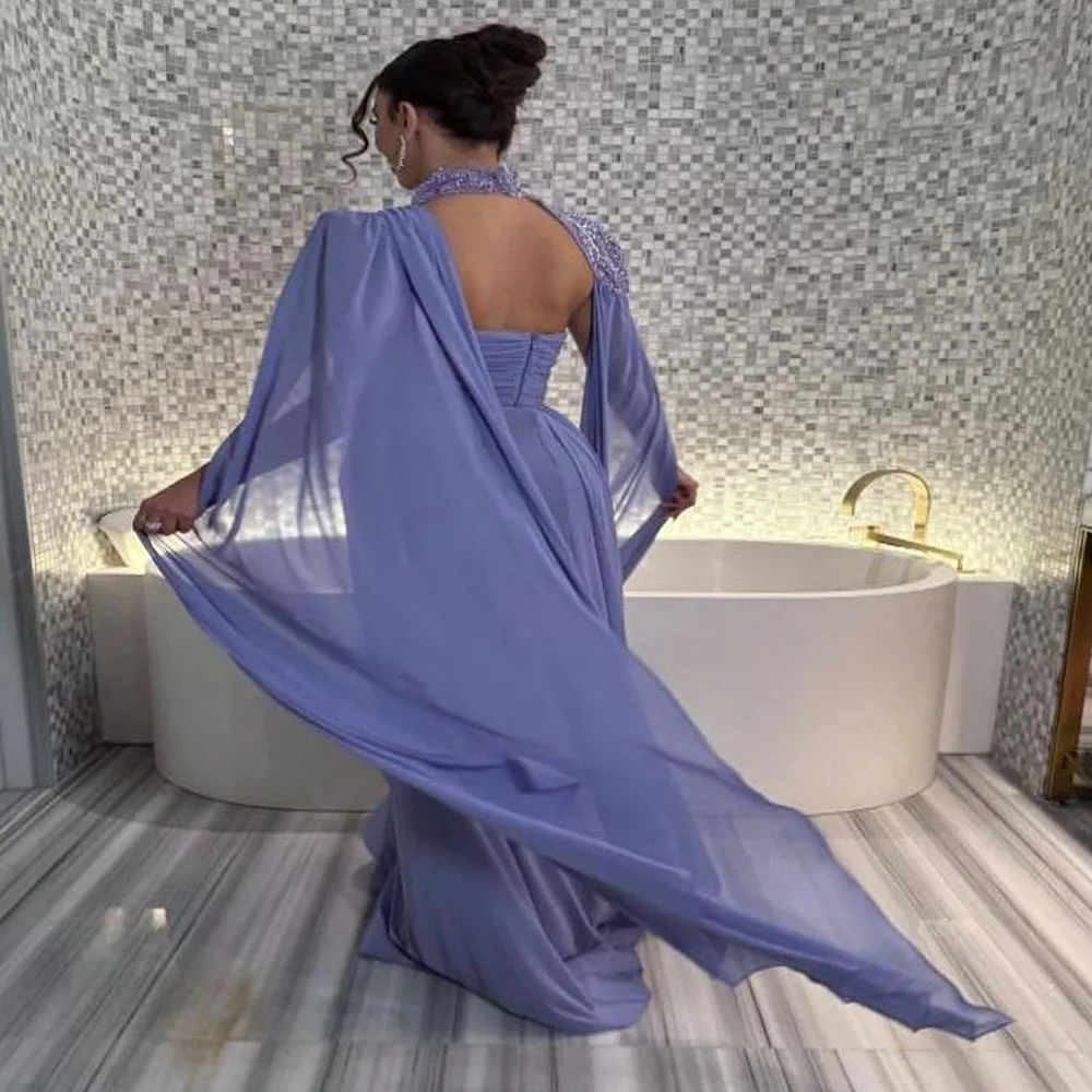 Vestidos de noite personalizados de lavanda com capa, um ombro, miçangas, formal, vestido de convidado de casamento, fenda, chiffon, فساتmavera